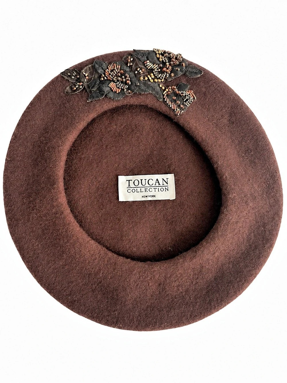 Toucan Collection Embellished Wool Beret in Brown Like New